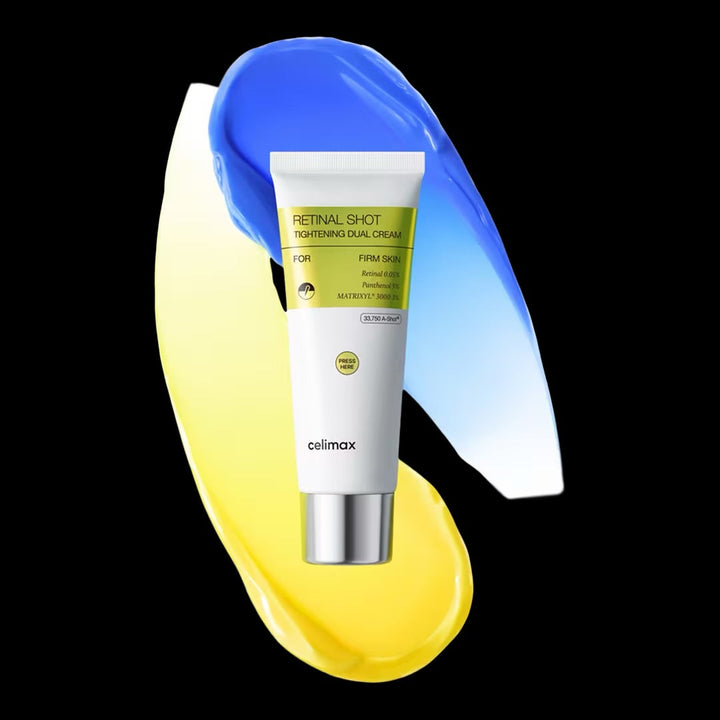 Celimax THE VITA-A Retinal Shot Tightening Dual Cream - tube with dual texture swatches on black background