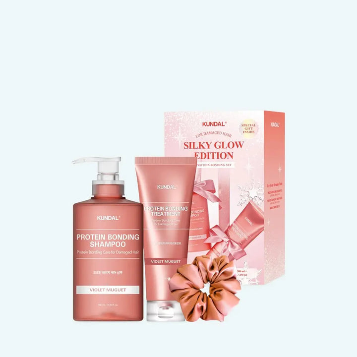 KUNDAL Holiday Silk Glow Edition Protein Bonding Care Shampoo 500ml + Treatment 250ml + Hair Scrunchie