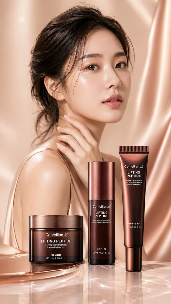 CENTELLIAN24 Lifting Peptide Cream model with the peptide line trio