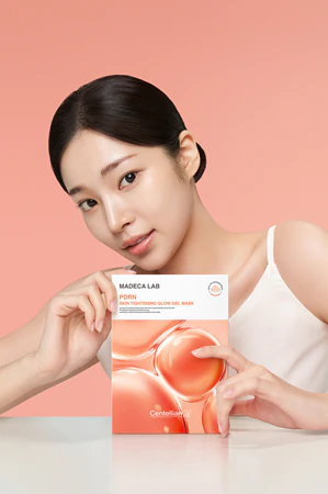 CENTELLIAN24 Madeca Lab PDRN Skin Tightening Glow Gel Mask model holding the sheet mask pouch