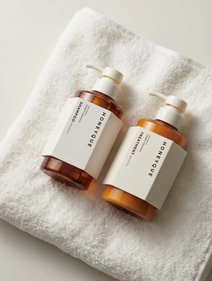 HONEYQUE Deep Repair Treatment 450ml - bottles on towel